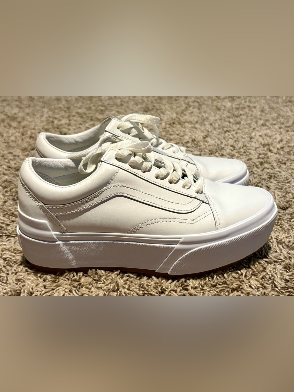 Vans Old Skool Stackform All White Leather Platform Sneakers Size 7